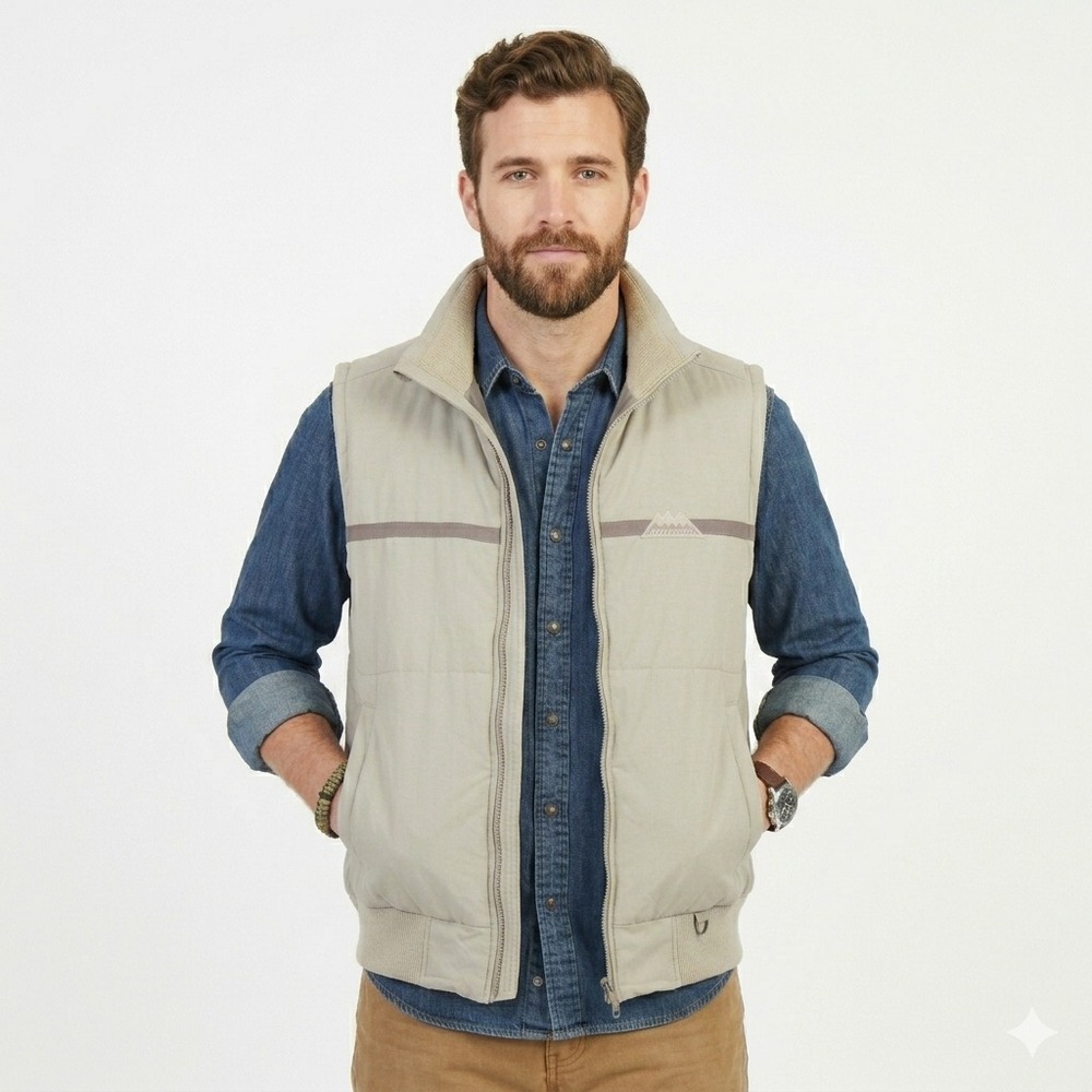 Levi's Puffer Vest Men Medium Tan Red Tab Mountain Logo Canvas Full Zip